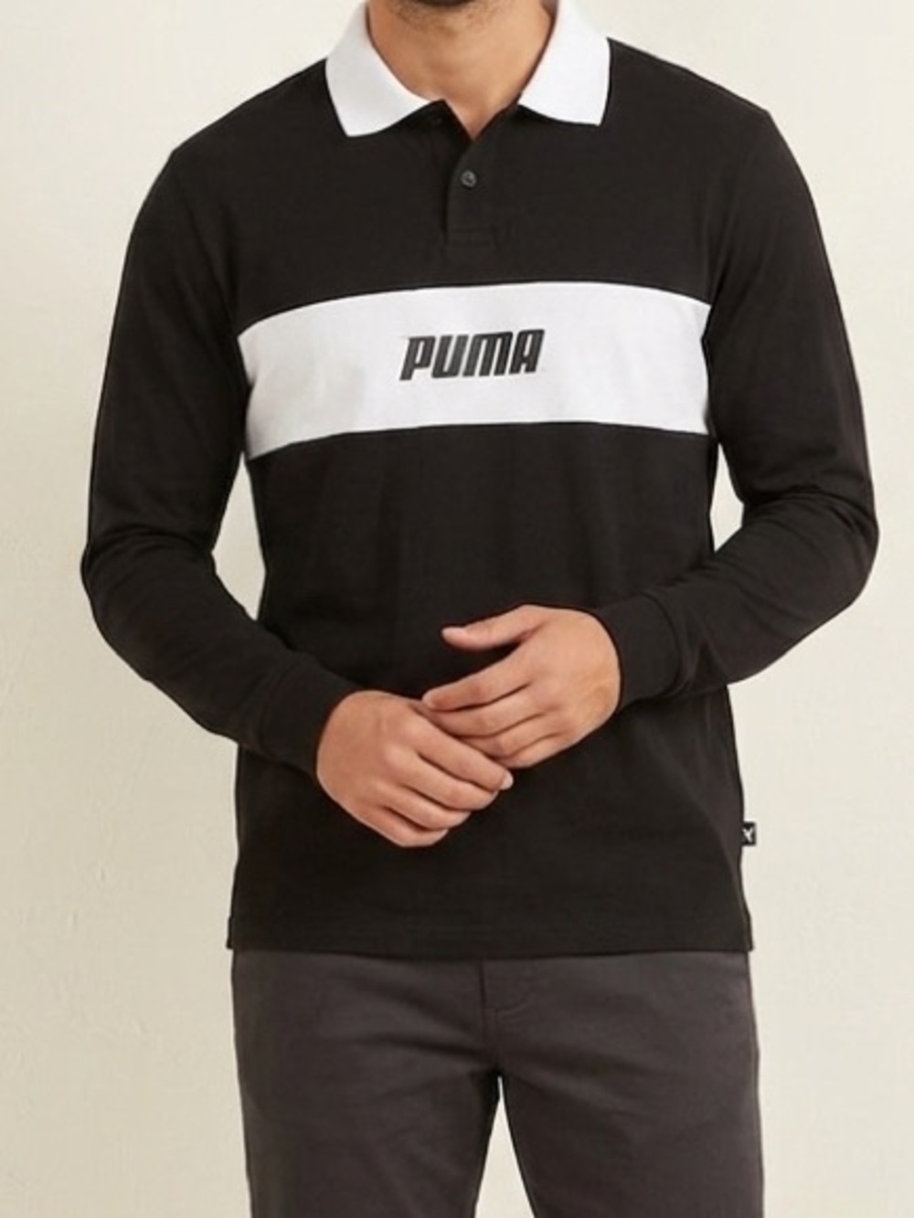 Puma Rebel Long Sleeve Black & White Size Large Polo Shirt
